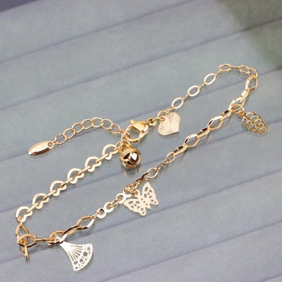 "Rose Gold Butterfly Leaf Charm Anklet in Gold Plated Brass, XPAL1047 - Picture 1 of 12